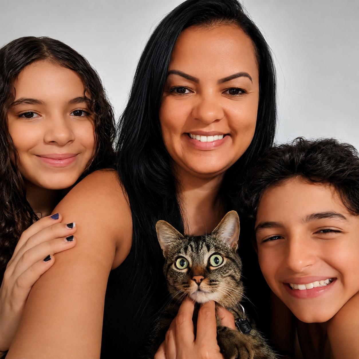 Cintia com seus filhos Isadora e Vinícius, e seu gatinho Juba